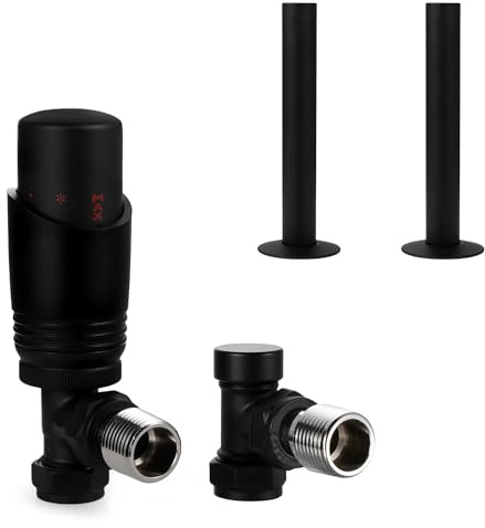 VANCOCO Matte Black Thermostatic Radiator Valve 1/2×15mm Angled with Lockshield + 130mm×18mm Radiator Pipe Covers, Thermostat TRV Set, H62 Brass, Energy Saving
