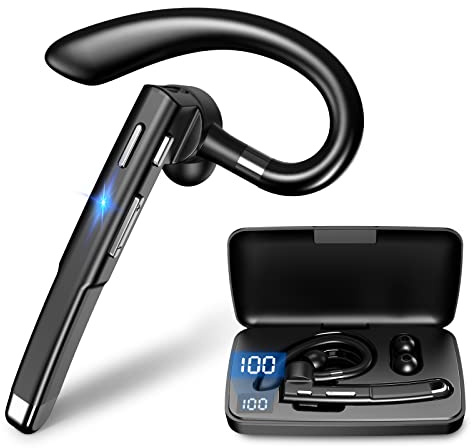 Boytond Casque Bluetooth sans fil unique – Oreillette Bluetooth sans fil avec étui de chargement, lecture 120 heures, casque mains libres double avec micro intégré pour travail, camionneur, bureau