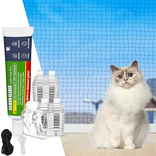 Aystkniet Red para gatos para balcón, sin taladrar, incluye gancho adhesivo y adhesivo de silicona, 16 × 3 m, red para gatos reforzada, resistente a los rayos UV, para ventanas, terrazas y puertas