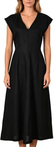 Amazhiyu Women 100% Linen Dress, V Neck Cap Sleeve Dress Slim Fit Casual | Calf Length Dress, Back Zipper, Suit for Work, Casual Summer, NO POCKET