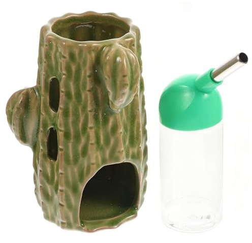 HOMSFOU Cactus Ceramic Hamster Water Bottle with Adjustable 80ml Feeder and Stand, Small Animal Cage Waterer for Hamsters and Chinchillas, Light Green