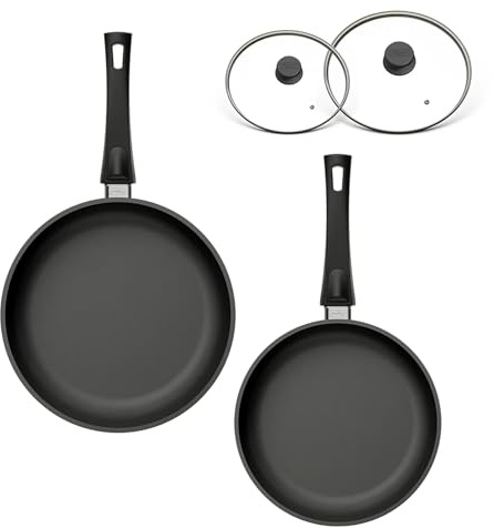 Hoffmann STONIQ Bratpfanne PFAS-frei Set 24 + 28 cm Induktionspfanne Aluhandguss Made in Germany, Antihaftbeschichtung mineralisch | backofengeeignet (Mit Glasdeckel, Set 24 + 28 cm)