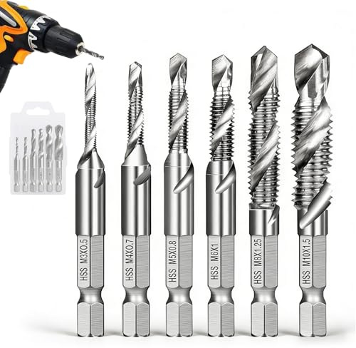 6 Stück Kombi Gewindebohrer Set, M3 M4 M5 M6 M8 M10 HSS Schnellarbeitsstahl Sechskantschaft Bohrer Gewindeschneider Bits mit Rostschutzbeschichtung für Holz Kunststoff PVC Metall