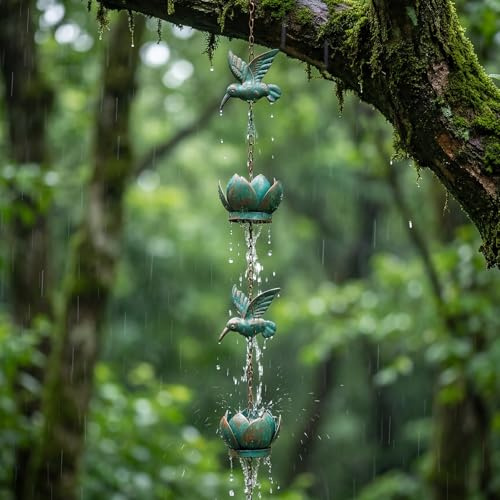 Hummingbird Flower Rain Chain for Gutters 2.5m Metal Rainwater Diverter with 6 Cups Decorative Garden Downspout Replacement for Outdoor Yard Patio Home Exterior 8.2ft Adjustable Length(Antiqued Teal)