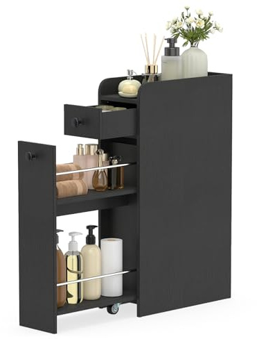 GIANTEX Badschrank 40x18x70 cm, schmaler Badezimmerschrank mit Universalrollen, Nischenschrank mit 2 Schubladen, Nischenwagen Rollschrank Holz, Aufbewahrungsschrank für Bad, Küche (Schwarz)