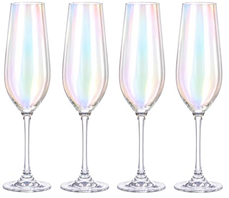 The Wine Savant Iridescent Glasses - Crystal Luster Radiance Set of 4 - Rainbow Colored Stemware Glassware - , Durable Pearl Color Champagne Glasses, An Ethereal Shine (Tall Flutes)