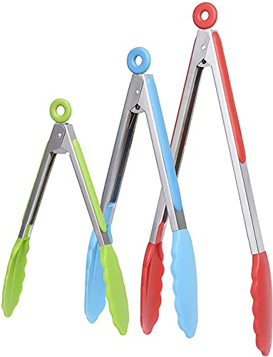 iNeibo Kitchen Tongs 7 9 12 inch 3 Pack - Non-Slip Smart Locking Stainless Steel Cooking Tongs with Silicone Tips for Grilling BBQ Serving Salad Ice
