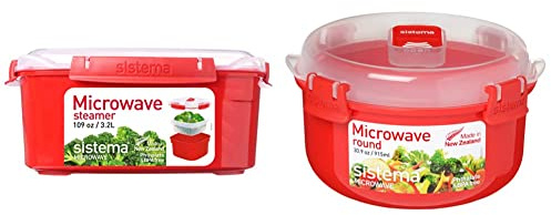 Sistema Microwave Large Steamer with Removable Steamer Basket, 3.2 L - Red/Clear & Microwave Round Container, 915 ml - Red/Clear