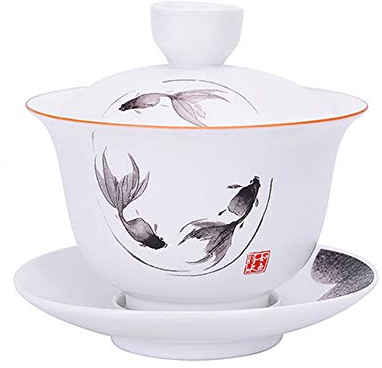 Porcelain Gaiwan 8oz Teacup White Glazed Tureen Chinese Sancai Cover Bowl Lip Cup Saucer Set (Fish)