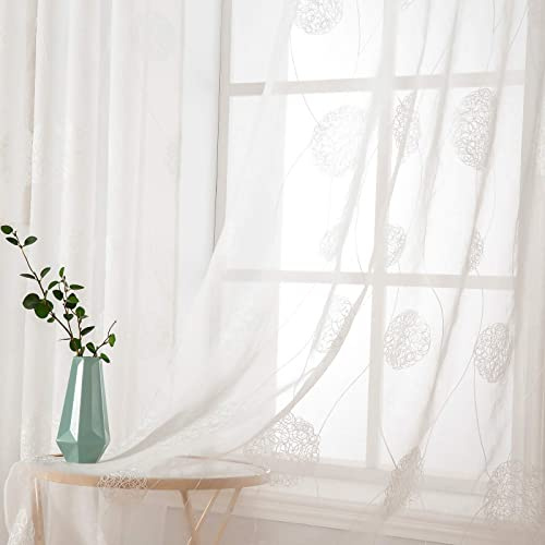 MIULEE Vorhänge mit Florales Stickerei, Gardinen Weiß für Wohnzimmer, Schlafzimmer Vorhang Transparent mit Ösen, 2er Set Voile Blumen Durchsichtig Vorhänge, Jeder H 160 X B 140cm | Transparent Voile Blumen Muster Vorhänge Durchsichtig mit Ösen, Leichte Dekorative Gardinen für Wohnzimmer Schlafzimmer