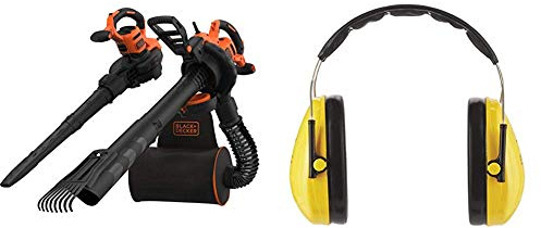 Black+Decker 3,000 W Laubsauger und Bläser BEBLV301 mit Häcksler + aufsteckbarem Laubrechen, 72 l Fangsack-Rucksack + 3M Peltor Optime I Kapselgehörschützer, für Lärm bis 98 dB - SNR 27
