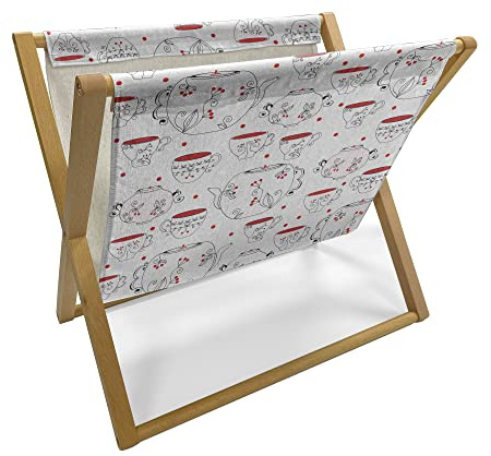 Ambesonne Tea Party Magazine and Book Holder, Doodle Style Crockery Illustration of Floral Patterned Kettles and Cups, Floor Rack Decor for Interior of Home & Office, 22 x 19, Red Black White