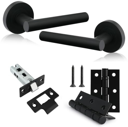 XFORT Liberty Door Handle Latch Pack Includes Liberty Lever on Rose Door Handles, 65mm Tubular Latch & 2 Hinges, Complete Internal Door Handle Set - Matt Black