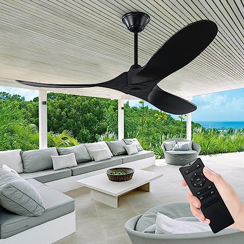 XSGDMN Outdoor Deckenventilator Ohne Beleuchtung, Holz Deckenventilatoren Leise Mit Fernbedienung, Intelligente Zeiteinstellung, 60 Zoll Schwarzer Deckenventilator Für Balkon,TerrassenüBerdachung