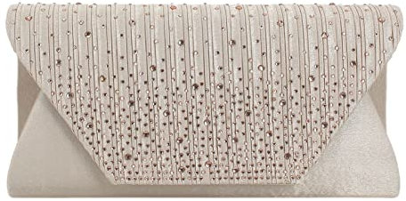 Lifup Damen Clutch mit Strass-Steinen Unterarmtasche Abendtasche Umhängetasche Schultertaschen mit Abnehmbarer Kette Beige
