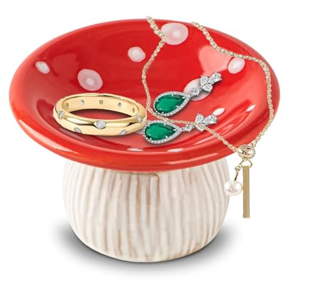 dgudgu Mushroom Ring Holder Jewelry Tray Red Dish Ceramic Trinket Storage Jar Mini Engagement Ring Holder
