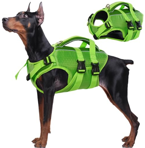 Kuoser Schwimmweste Hund mittel, Hunde Schwimmweste mit Griff, Grün L | Ripstop Hunde Schwimmweste mit hohem Auftrieb, verstellbar für kleine mittelgroße & große Hunde, mit reflektierenden Streifen
