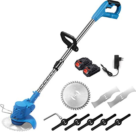 YIWENG 21-V-Teleskop-Hand-Akku-Rasentrimmer, elektrischer Rasenmäher, 2er-Pack, 1500-mAh-Akku, Schnellladegerät, Multifunktions-Lithium-Trimmer mit Kunststoff-/Edelstahl, Kreissägeblatt