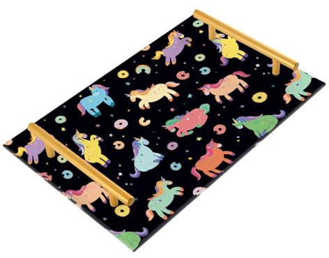 Hand Drawn Cute Unicorns with Donuts Decorative Tray with Handles Coffee Table Tray Meal Trays for Jewelry Perfume Coffee Bar Dinner Serving