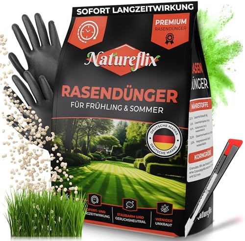 Natureflix Rasendünger Frühjahr & Sommer (10kg für 500m²) | Tierfreundlicher Langzeitdünger für jeden Rasen mit Moosverdrängung | (Staubarme Körnung 2-5mm) | Ideal für viele Streuwagen