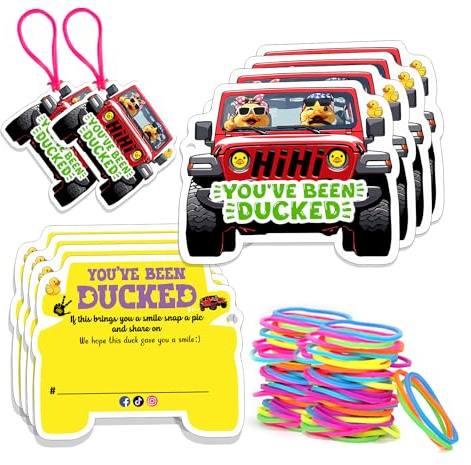 Duck Tags, You've Been Ducked Card, 50 Set Duck Ducking Game Card, Duck Tag with Hole and Rubber Bands, SUV Car Design (Duck Tags-Red)