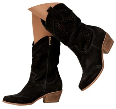 Stivali da cowboy da donna stivaletti in pelle scamosciata stivali western alti alla caviglia stivali a punta con tacco basso stivali mezze lunghezze in pelle scamosciata traforata scarpe da donna