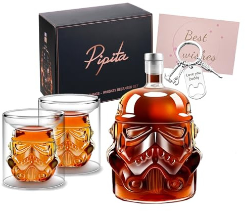 PIPITA Whisky Dekanter Set mit 2 x 3D Whiskey Gläsern und Flaschenöffner Schlüsselanhänger, für Wodka Bourbon, Scotch & Gin, 750ml Dekanter, 150ml Gläser, Geburtstagsgeschenk