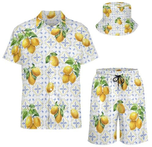AsqLdQM Ensemble de 2 chemises et shorts hawaïens pour homme avec chapeau cloche, Citron méditerranéen traditionnel, M