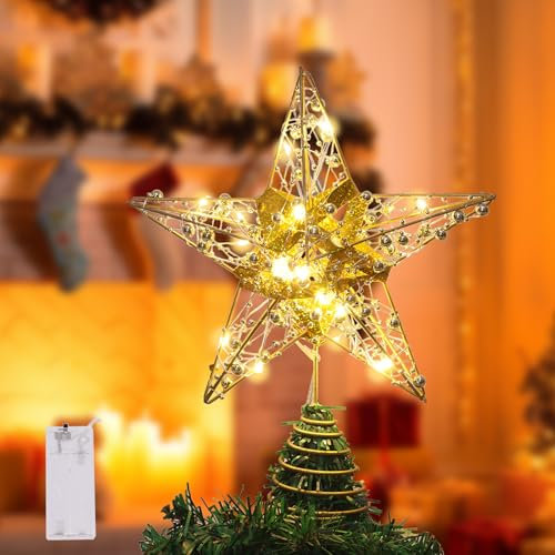 Christmas Tree Topper, 20LED Warm White Golden Star Tree Topper, 10.23 In Tree Glittered Tree-top for Christmas Tree New Year Home Decorations (Gold)