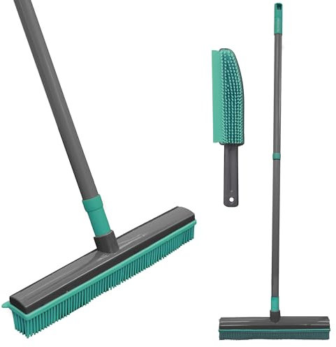 UR CHOICE Rubber Broom Pet Hair Remover Set, Extendable Long Handle Carpet Rake with Squeegee Edge and Rubber Hand Brush, Fur Remover for Carpets Rugs Hard Floors Windows and Car, Grey Teal