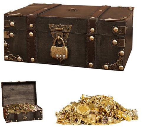 XPJBKC Vintage Holz Schatztruhe, 24 x 17 x 9.5 cm Schatztruhe mit Zahlenschloss, Holz Aufbewahrung Schatzkiste, Holztruhe Schatzkiste Holzkiste mit Deckel für Kindergeburtstag Hochzeit Dekorieren