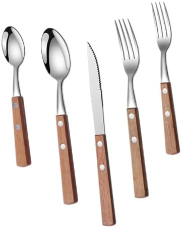 MUCKLILY Edelstahl Servierbesteckset Mit Holzgriff 5 Stück Tragbar Buffet Party Langlebig