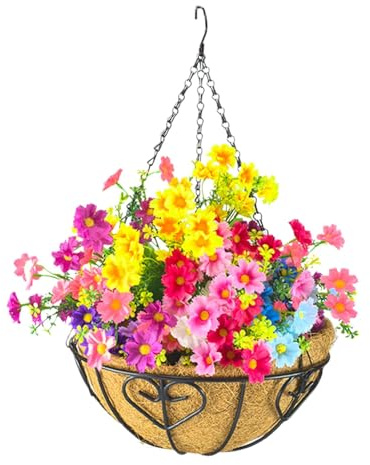 Kustimantu Cesto per piante con rivestimento cocco, per piante con fodera in coco, in metallo, rotondo, per piante e piante, per appendere vasi, vaso per puberi con catena, decorazioni da giardino per