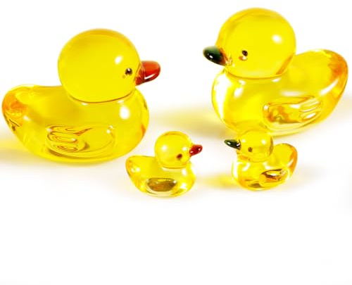 YWHL Yellow Glass Duck Family Figurines, Crystal Animal Collectible Sculptures Home Decor, Mini Duck Parents and Kids Statues Sets 4 Pcs for Kids on Birthday Christmas