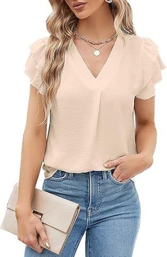BUNSLOOM Camicetta da donna in chiffon, estiva, a maniche corte, con scollo a V, casual, elegante, da lavoro, arancione, XXL