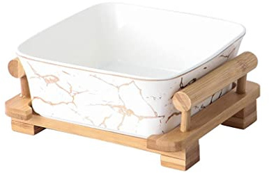 Tazón para Servir Nórdico Simple mármol patrón dorado fruta cuadrado cerámica ensalada postre tazón plato de fruta con soporte de madera creativo Ensaladera Tazón Hondo(A2pc,L)
