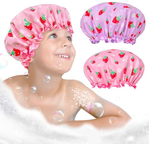 2 Pcs Kids Shower Cap Elastic Band Double Layers Waterproof Shower Caps For Women Girls Reusable Shower Cap With Ruffled Edge Covering Ears For Long, Short & Curly Hair