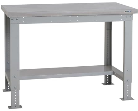 BiGDUG Height Adjustable Workbench - Heavy Duty Workshop Table - 877H x 1215W x 750D mm - Laminate Worktop Half Depth Lower Shelf
