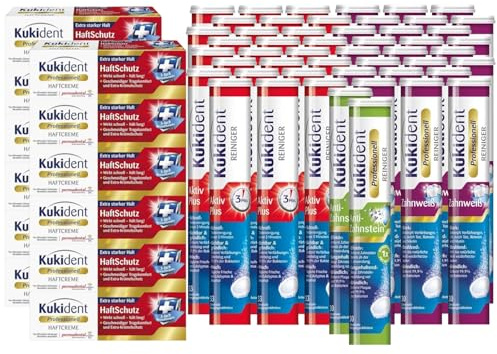 Kukident Set: Anti-Zahnstein 2x30, Zahnweiß 24x30, Aktiv Plus 24x33 Tabs, Haftcreme 12x40g – Prothesenpflege-Großpack für extra lange Anwendung – Reinigung & starker Halt