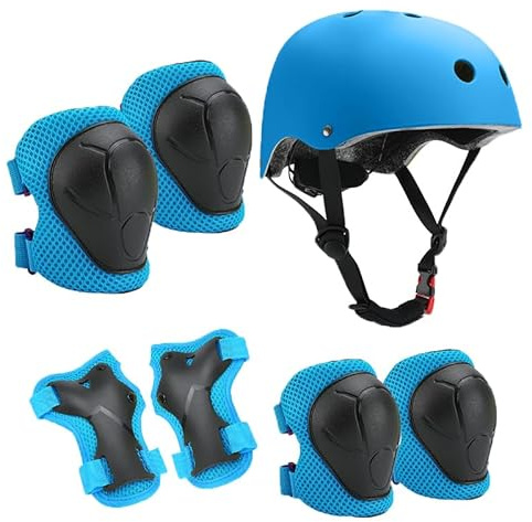 Neuytiky Juego de protección infantil con casco, rodilleras y coderas para niños de 3 a 10 años, equipo de protección para patines en línea, monopatín y bicicleta (azul)