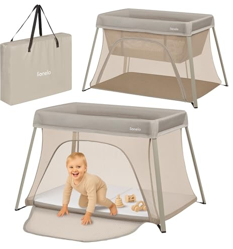 lionelo Cuna de Viaje Parque Cuna Bebe 3 en 1 Alice de 0 a 15 kg Colchón de Espuma, 2 Niveles de Altura, Plegable, Pequeña, Ligera, Entrada Lateral, Bolsa de Viaje