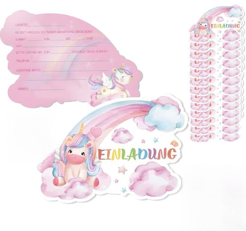 Uncle Yang Einhorn Einladungskarten Set – 12 Stück Einladungen für Kindergeburtstag mit Umschlägen, Bunte Postkarten im DIN-Format für Mädchenparty, Einschulung, Kinderfest