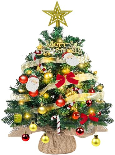 Sapin de Noël avec Éclairage LED 60 cm / 24 Pouces Sapin de Noël de Table Éclairage à Piles Ornements Artificiels pour Bureau Sapin avec Baies, Pommes de pin et Nœuds pour la Maison, la Cuisine