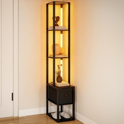 HOMCOM Floor Lamp with Shelves LED Standing Lamp Fabric Drawer Black | Column Modern Design, Adjustable Brightness, Foot Switch, for Living Room Bedroom Office