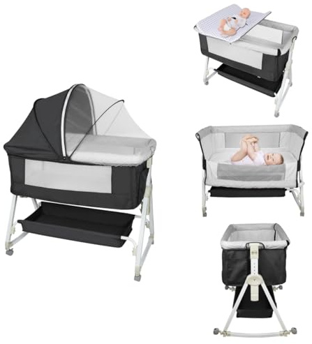 homewell 4 in 1 Babybett, Beistellbett Baby & Stubenwagen & Wickeltisch, Höhenverstellung und Einstellung der Neigung der Matratze, 4 Räder mit Bremse