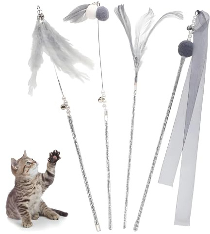 DeBizz Katzen Spielzeug 4 Stück, Interaktives Katzenangel mit Federn, Grauer Katzenstab Teaser mit Glöckchen, Katzenstock Satz für Kätzchen und Katzen, Intelligenz Katze Toys