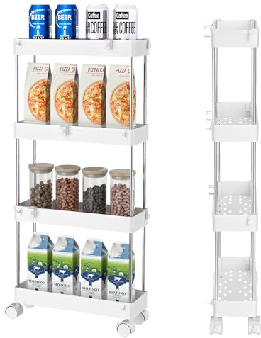 DIYGEEEK Carro de Cocina de 4 Niveles, Carro de Almacenamiento con Ruedas, Ahorro de Espacio, para Cocina, Baño, Lavadero y Oficina, Blanco