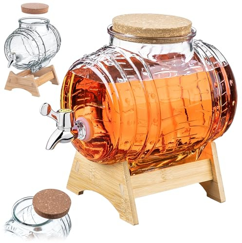 KADAX Barril de 3 litros con grifo, dispensador de bebidas en forma de barril de cristal, barril con grifo, dispensador transparente con base de madera, dispensador de alcohol ideal para whisky