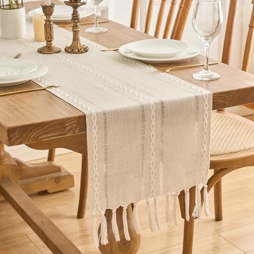 LUKDUNG Mode Boho Landhausstil Tischläufer mit Quasten, Waschbar Baumwollflachs Tisch Dekoration für Küche Hochzeit Party Festival Dekor 33x183 cm (Creme, 33 x 183 cm)