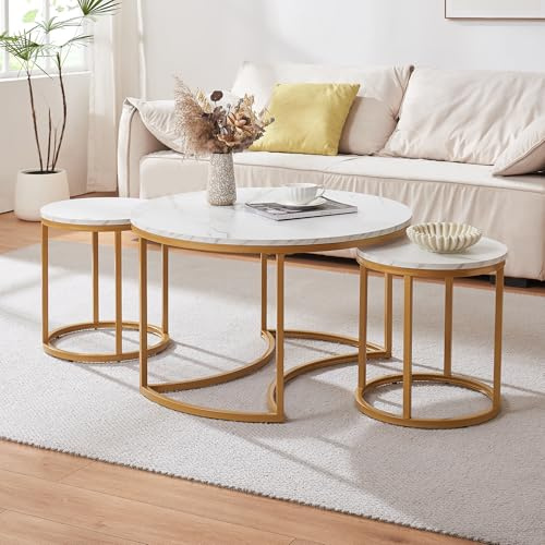 [en.casa] Couchtisch Christchurch 3er Set Wohnzimmertisch rund Sofatisch Satztisch Beistelltisch mit Metallgestell Kaffeetisch Marmoroptik, Weiß/Gold